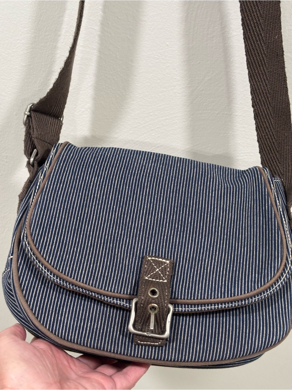 Thirty-one Navy Pinstripe Crossbody with Brown Trim
